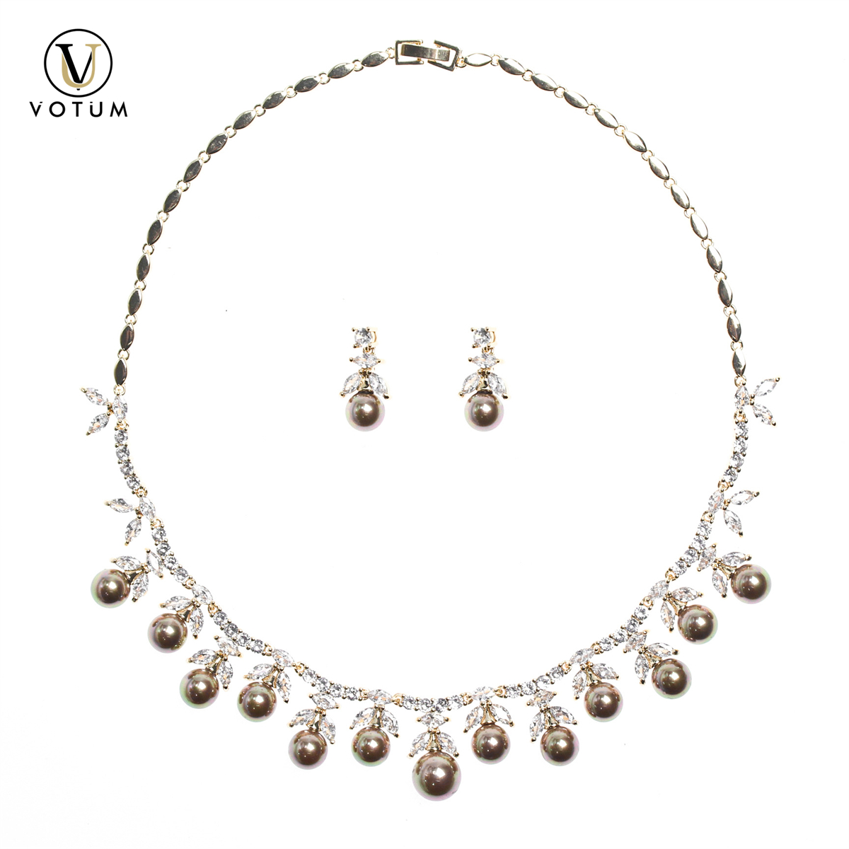 Votum OEM Fashion Gold Plated Freshwater Pearl Moissanite Diamond s925 Sterling Silver Necklace Earring Jewelry Set Luxury Jewellery