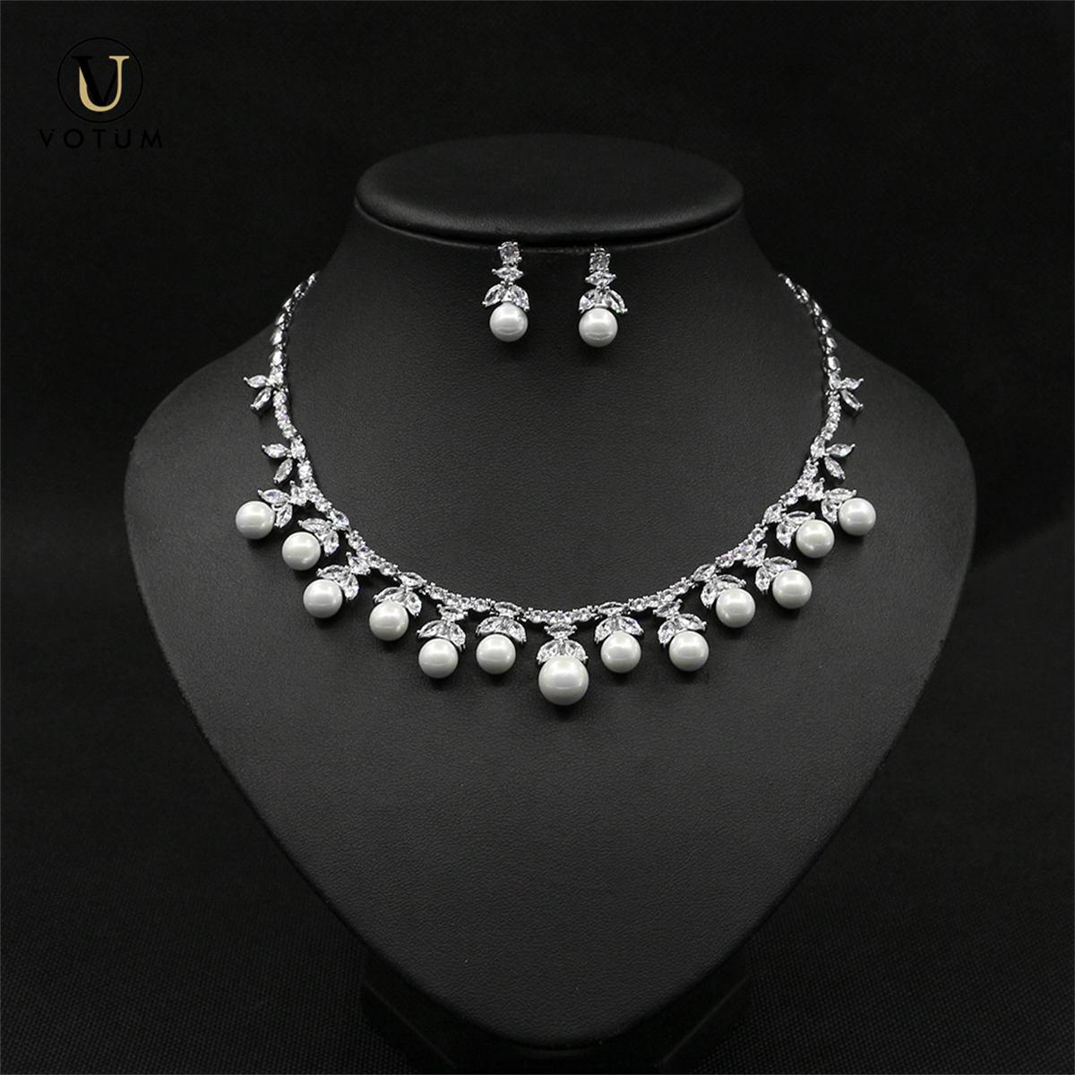 Votum S925 Gold Plated Freshwater Pearl Moissanite Necklace Earring Jewelry Set