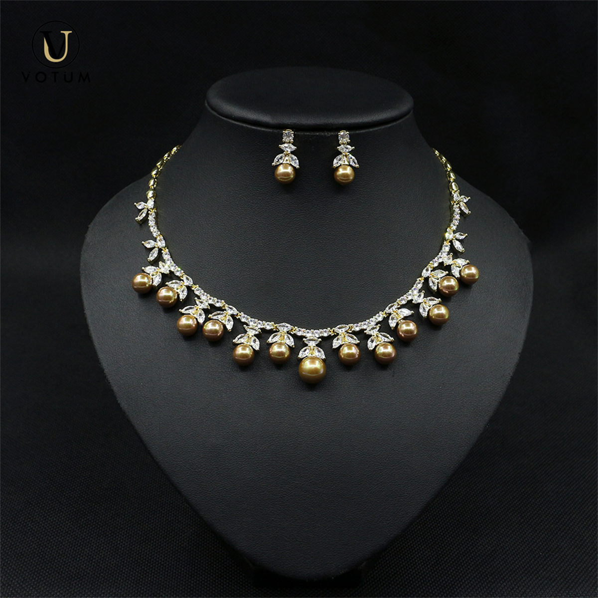 Votum OEM Fashion Gold Plated Freshwater Pearl Moissanite Diamond s925 Sterling Silver Necklace Earring Jewelry Set Luxury Jewellery