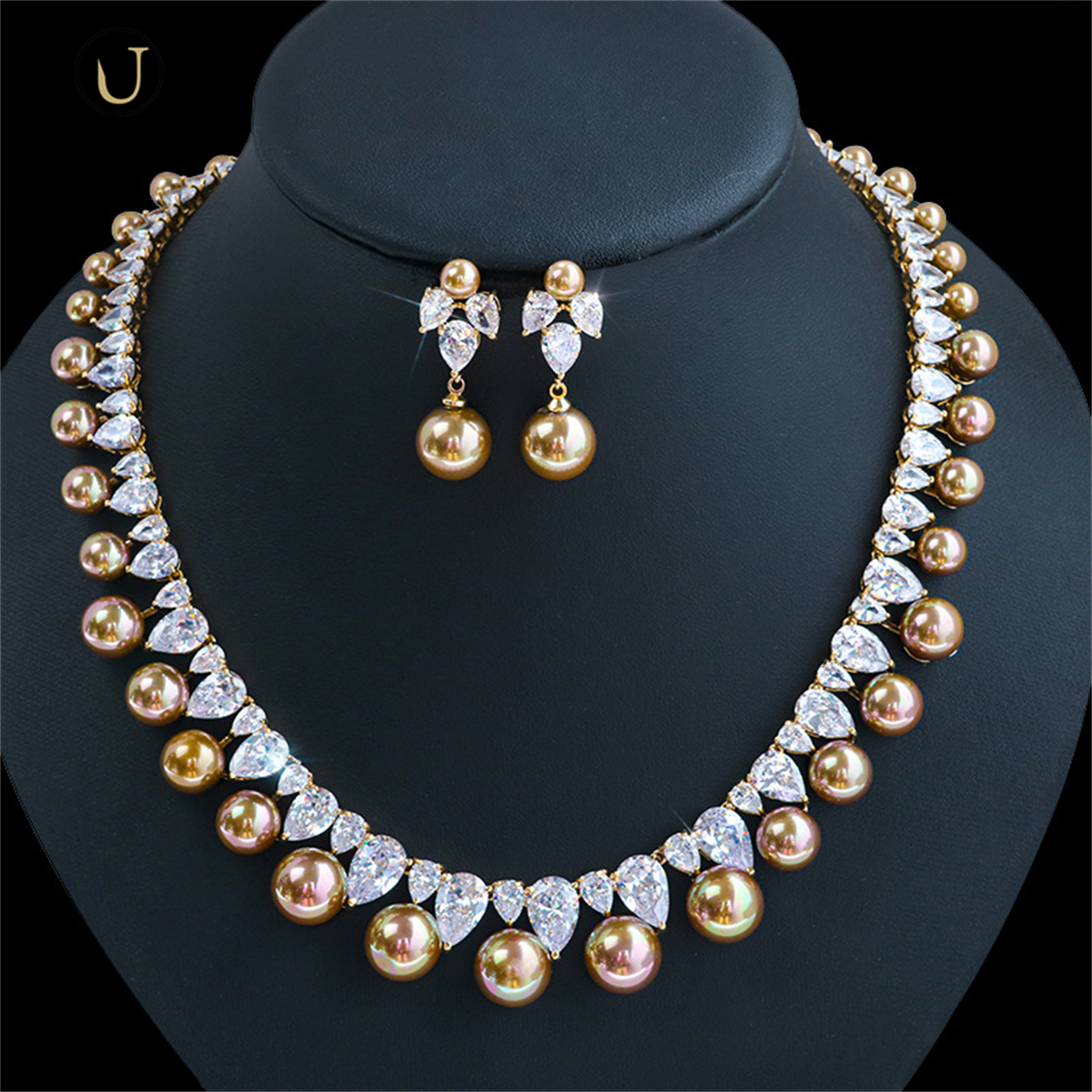 Votum s925 Sterling Silver Gold Plated Freshwater Pearl Moissanite Necklace Dangle Earring Jewelry Set for Wedding Party