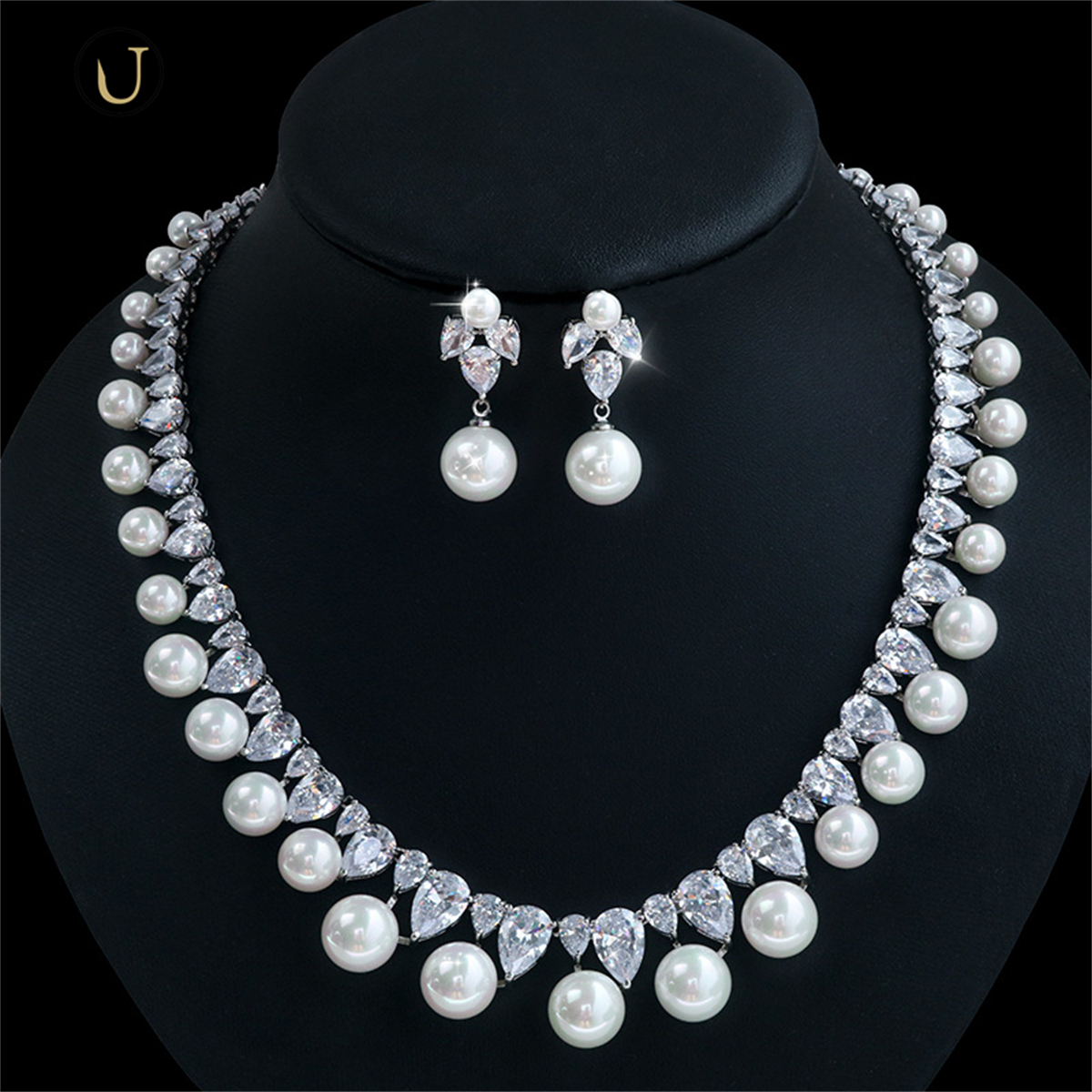 Votum S925 Sterling Silver Gold Plated Freshwater Pearl Moissanite Necklace Earring Jewelry Set