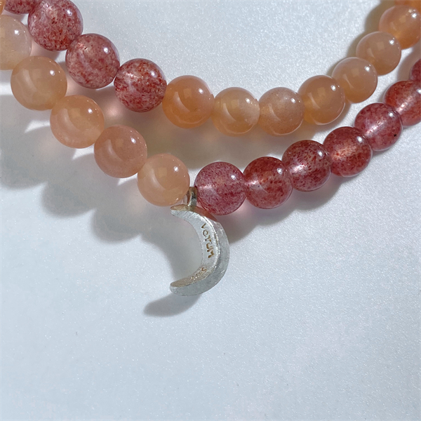 Votum Orange Moonstone Strawberry Quartz Beaded Bracelet with 925 Sterling Silver Moon Shaped Charm