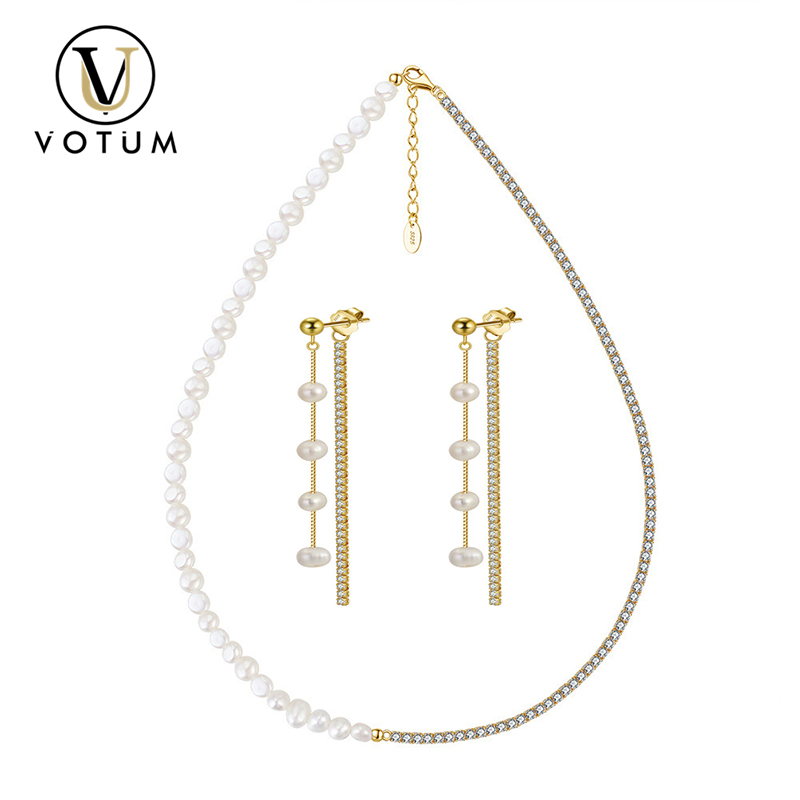 Votum Wholesale OEM s925 Sterling Silver 18K Gold Plated Moissanite Chinese Freshwater Pearl Necklace Diamond Dangle Earring Jewellery Set Jewelry