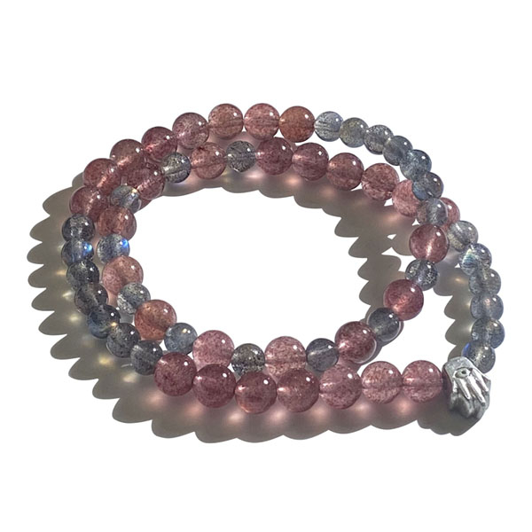 Votum Grey Moonstone Strawberry Quartz Stone Beaded Bracelet with 925 Sterling Silver Hamsa Charm