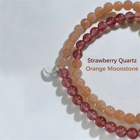 Votum Orange Moonstone Strawberry Quartz Beaded Bracelet with 925 Sterling Silver Moon Shaped Charm