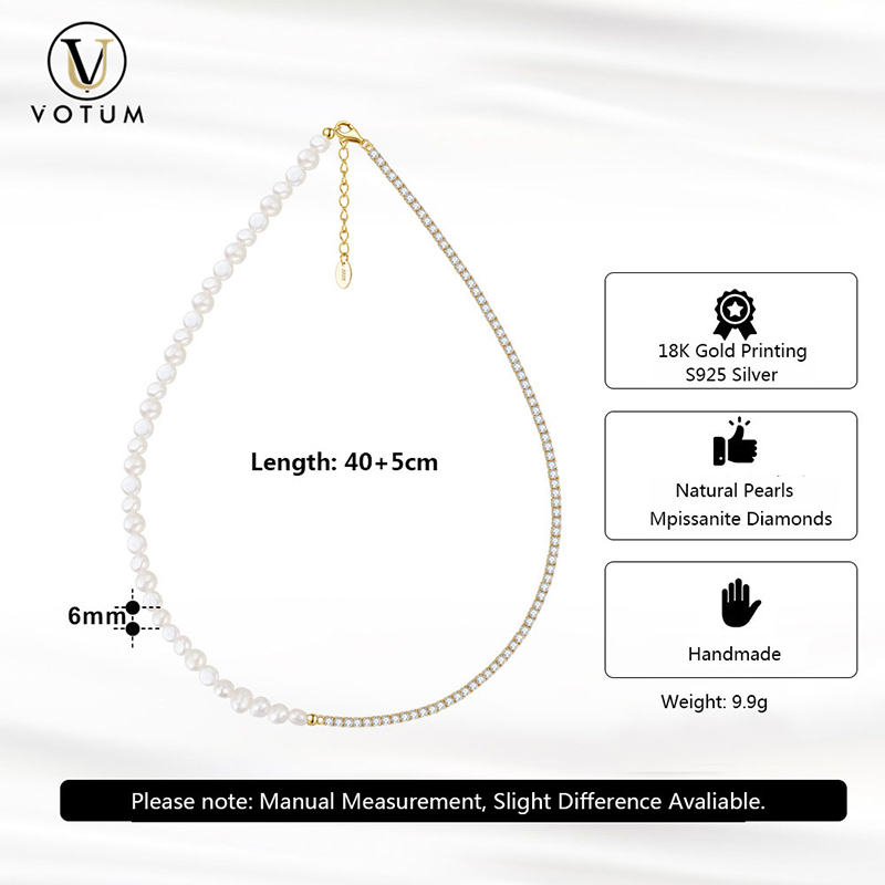 Votum S925 Sterling Silver Gold Plated Pearl Moissanite Necklace Earring Jewelry Set