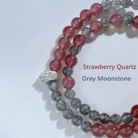 Votum Grey Moonstone Strawberry Quartz Stone Beaded Bracelet with 925 Sterling Silver Hamsa Charm