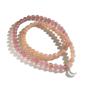 Votum Orange Moonstone Strawberry Quartz Beaded Bracelet with 925 Sterling Silver Moon Shaped Charm