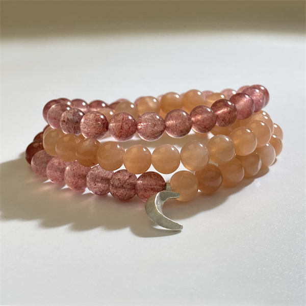 Votum Orange Moonstone Strawberry Quartz Beaded Bracelet with 925 Sterling Silver Moon Shaped Charm