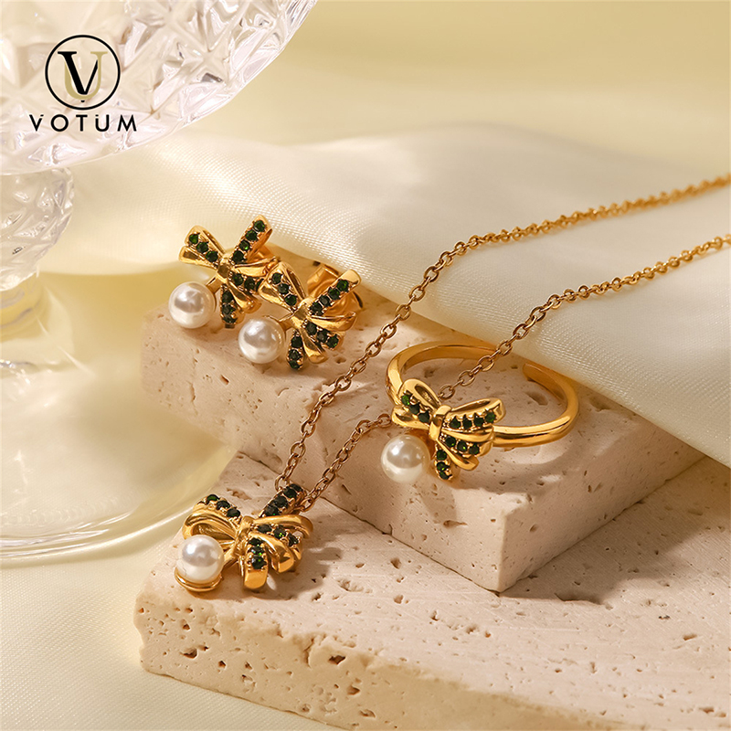 VOTUM 14K Real Gold Chinese Freshwater Pearl Necklace Earring Ring Jewelry Set