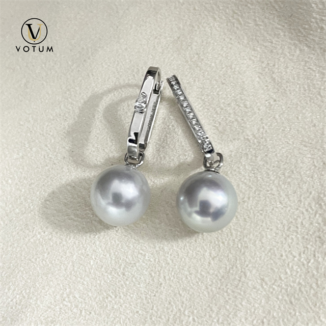 Votum 10.5mm Cultured White Pearls Hoop Drop Earrings with 18K Gold Real Diamonds Seawater Pearl Jewelry Custom Luxury Jewellery