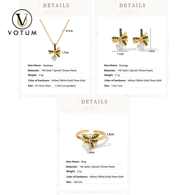 VOTUM 14K Real Gold Chinese Freshwater Pearl Necklace Earring Ring Jewelry Set