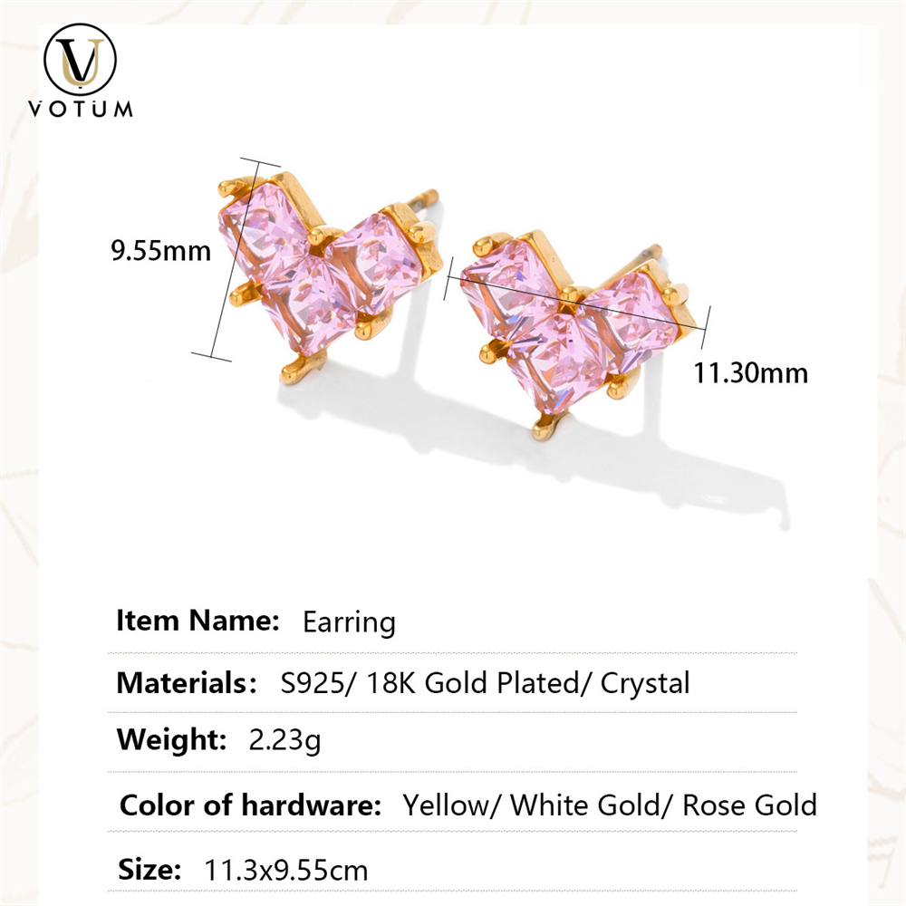 Votum Fashion Wholesale Natural Crystal Heart Stud 925 Silver Earring with Semi Gemstone Factory Custom 18K Gold Plated Fine Jewelry Jewellery Accessories