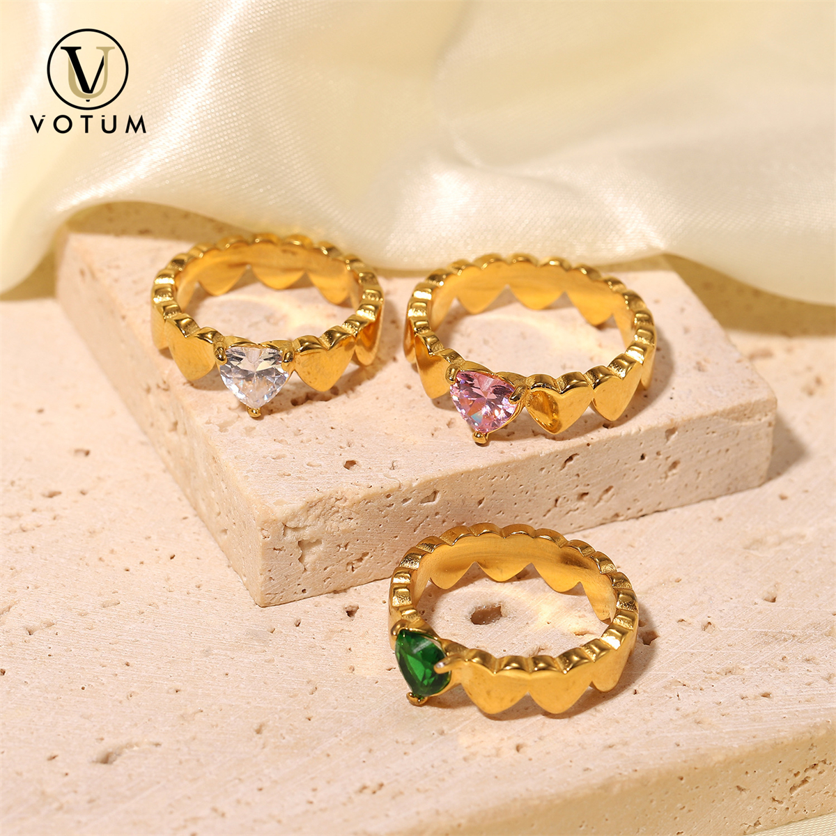 Votum Factory Wholesale Heart Shape Natural Crystal Ring with 925 Silver Fashion 18K Gold Plated Custom Semi Gemstone Fine Jewelry Jewellery Accessories