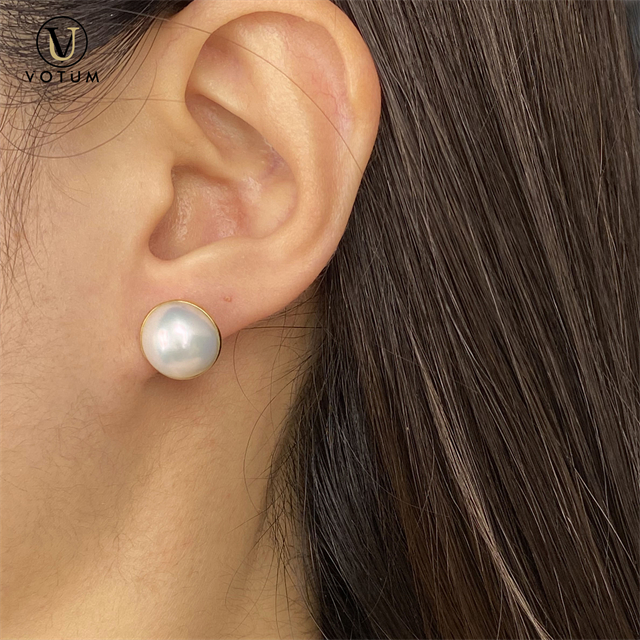 Votum Au750 12-13mm Freshwater Natural Mabe Pearl Earrings with 18K Gold for Women Custom White Pearls Big Earring Fine Jewelry