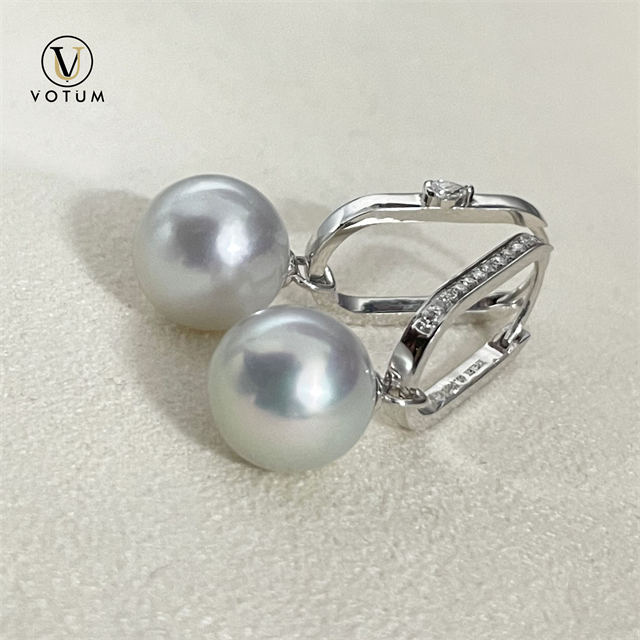 Votum 10.5mm Cultured White Pearls Hoop Drop Earrings with 18K Gold Real Diamonds Seawater Pearl Jewelry Custom Luxury Jewellery