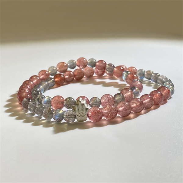 Votum Grey Moonstone Strawberry Quartz Stone Beaded Bracelet with 925 Sterling Silver Hamsa Charm