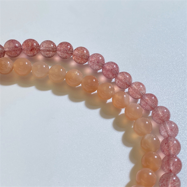 Votum Orange Moonstone Strawberry Quartz Beaded Bracelet with 925 Sterling Silver Moon Shaped Charm