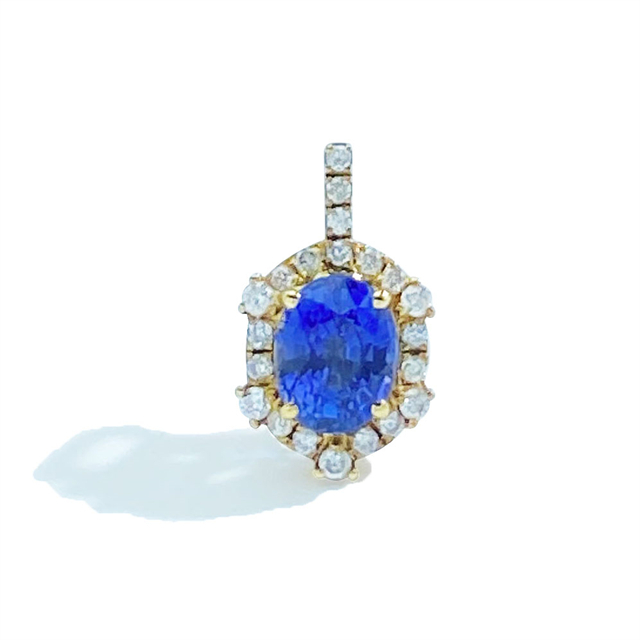 18K Gold Cornflower Sapphire Stone Diamonds Pendant
