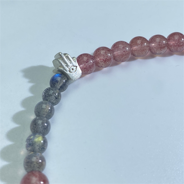 Votum Grey Moonstone Strawberry Quartz Stone Beaded Bracelet with 925 Sterling Silver Hamsa Charm