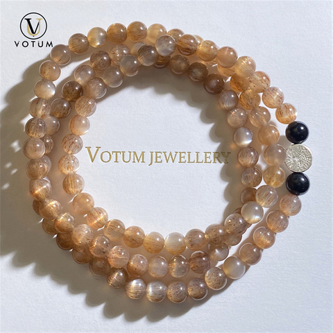 Votum Sterling Silver Tree of Life Charm with Golden Elestial Quartz Black Tourmaline Beads Bracelet